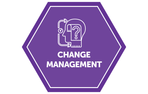 Dark purple hexagon that says Change Management.