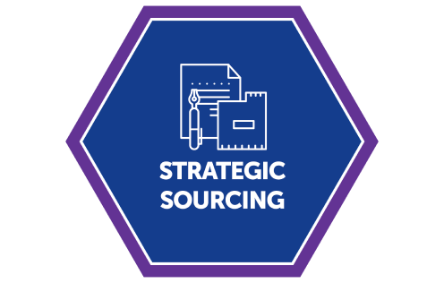 Dark blue hexagon that says Strategic Sourcing. 
